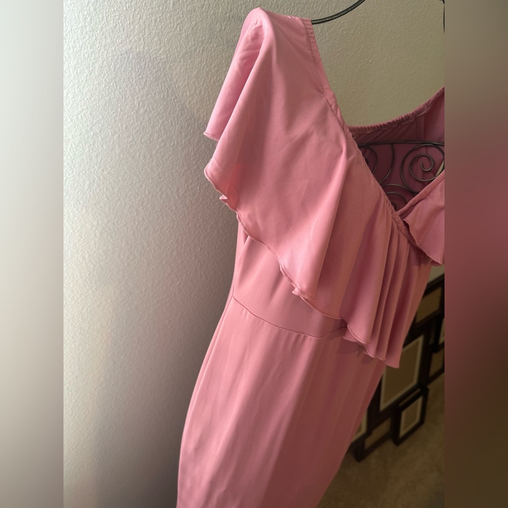 Off-Shoulder Pink Ruffle Bodycon Dress - Picture 7 of 9